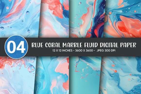 Download Blue Coral Marble Fluid Digital Paper - Blue Collection