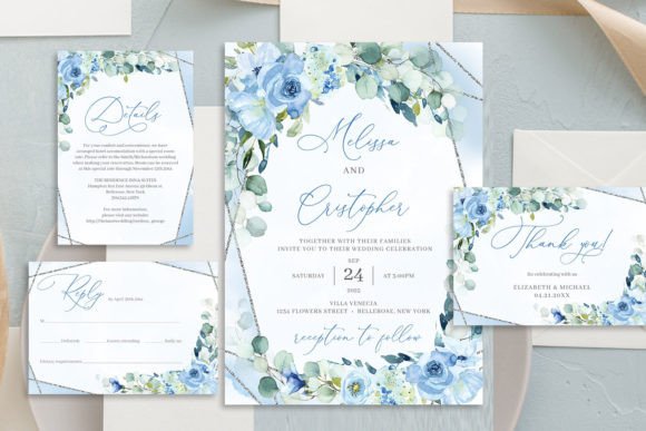 Download Dusty Blue Floral Wedding Invitation Set - Blue Collection