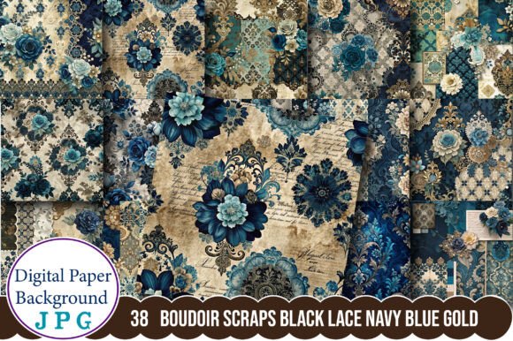 Download Boudoir Scraps Black Lace Navy Blue Gold - Blue Collection