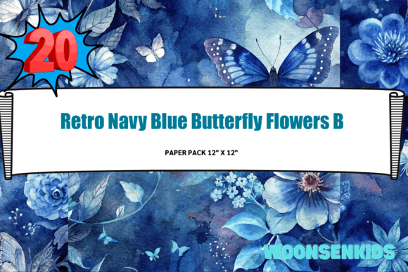 Download New Retro Navy Blue Butterfly Flowers Background Watercolor Png Kdp Digital Paper - Blue Collection