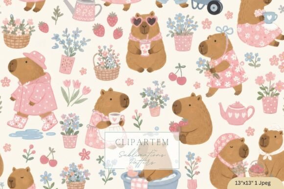 Download Cottagecore Capybara Seamless Pattern - Pattern Collection