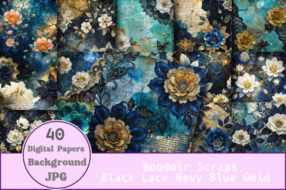 Download Boudoir Scraps Black Lace Navy Blue Gold - Blue Collection