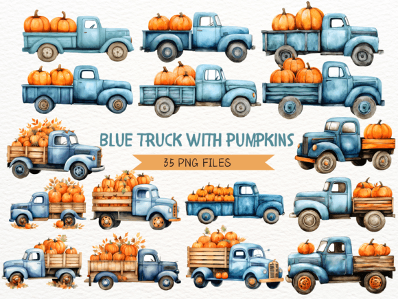 Download Blue Autumn Truck with Pumpkins - Blue Collection
