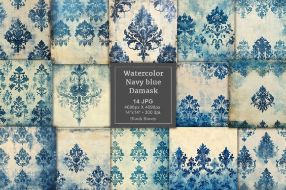 Download Vintage Navy Blue Damask Digital Paper - Blue Collection