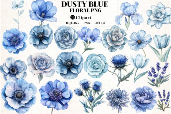Download Dusty Blue Watercolor Floral Clipart - Blue Collection